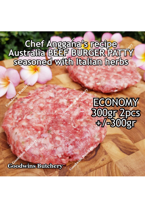 Australia beef mince 85CL Anggana's BURGER PATTY seasoned with Italian herbs ECONOMY frozen price for 300g 2pcs
